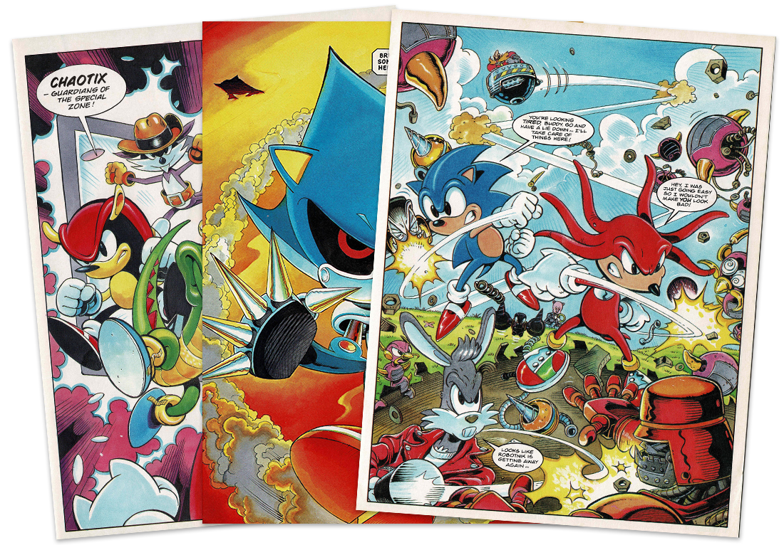 Multiple full splash pages from Sonic the Comic